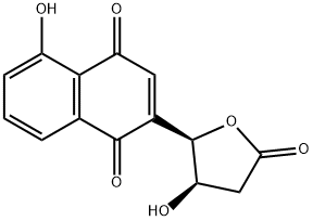 1,4-Naphthalenedione, 5-hydroxy-2-[(2R,3R)-tetrahydro-3-hydroxy-5-oxo-2-furanyl]- Struktur