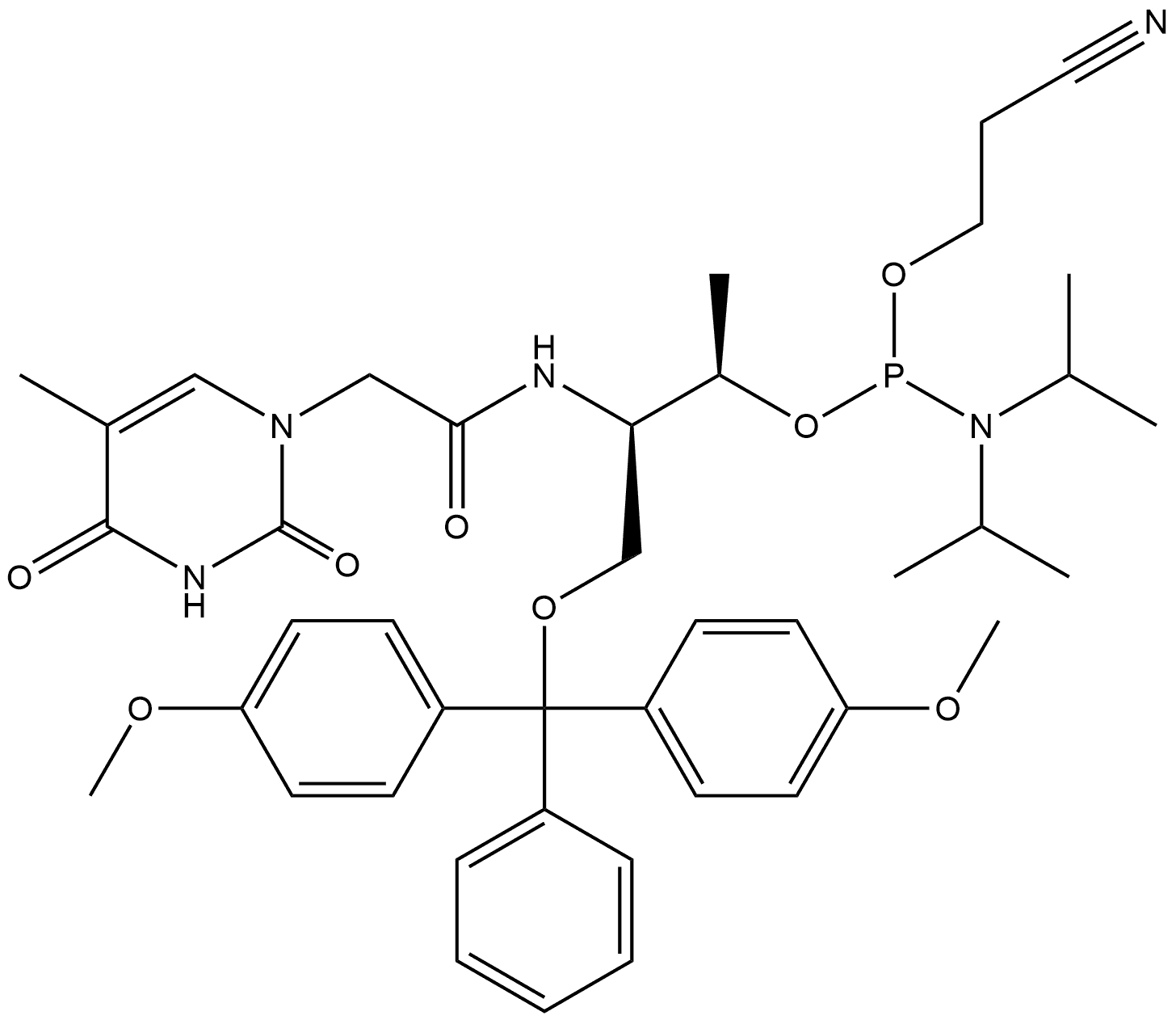 Phosphoramidous acid, bis(1-methylethyl)-, (1R,2R)-3-[bis(4-methoxyphenyl)phenylmethoxy]-2-[[(3,4-dihydro-5-methyl-2,4-dioxo-1(2H)-pyrimidinyl)acetyl]amino]-1-methylpropyl 2-cyanoethyl ester (9CI) Struktur