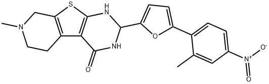 7-methyl-2-[5-(2-methyl-4-nitrophenyl)furan-2-yl]-1,2,3,5,6,8-hexahydropyrido[2,3]thieno[2,4-d]pyrimidin-4-one Struktur