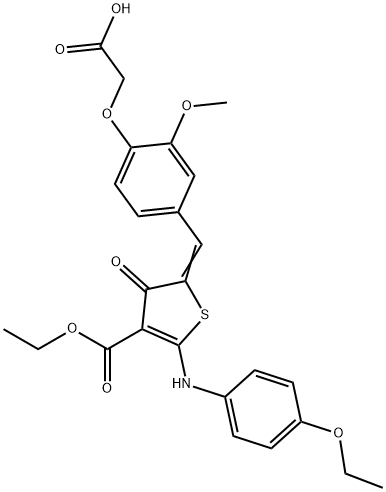 3-Thiophenecarboxylic acid, 5-[[4-(carboxymethoxy)-3-methoxyphenyl]methylene]-2-[(4-ethoxyphenyl)amino]-4,5-dihydro-4-oxo-, 3-ethyl ester Struktur