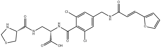 L-Alanine, N-[2,6-dichloro-4-[[[(2E)-3-(2-furanyl)-1-oxo-2-propen-1-yl]amino]methyl]benzoyl]-3-[[(4R)-4-thiazolidinylcarbonyl]amino]- Struktur