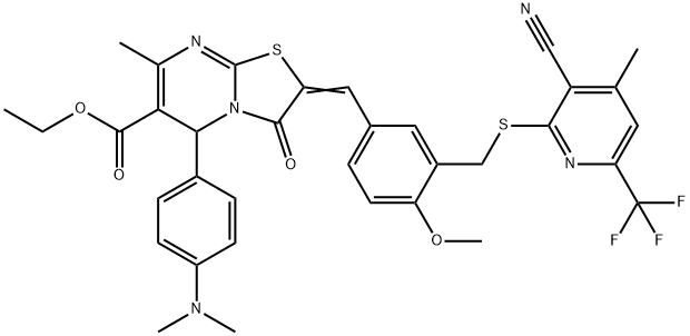 ethyl 2-[3-({[3-cyano-4-methyl-6-(trifluoromethyl)-2-pyridinyl]sulfanyl}methyl)-4-methoxybenzylidene]-5-[4-(dimethylamino)phenyl]-7-methyl-3-oxo-2,3-dihydro-5H-[1,3]thiazolo[3,2-a]pyrimidine-6-carboxy
late Struktur