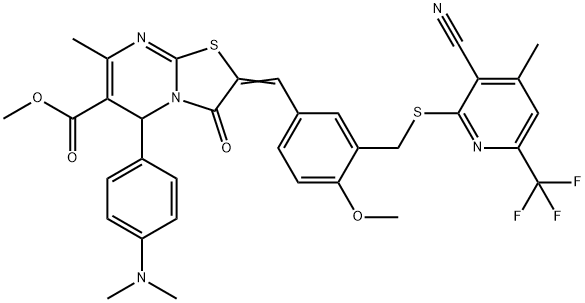 methyl 2-[3-({[3-cyano-4-methyl-6-(trifluoromethyl)-2-pyridinyl]sulfanyl}methyl)-4-methoxybenzylidene]-5-[4-(dimethylamino)phenyl]-7-methyl-3-oxo-2,3-dihydro-5H-[1,3]thiazolo[3,2-a]pyrimidine-6-carbox
ylate Struktur