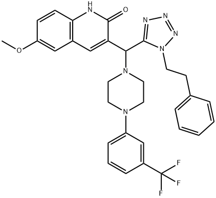 2(1H)-Quinolinone, 6-methoxy-3-[[1-(2-phenylethyl)-1H-tetrazol-5-yl][4-[3-(trifluoromethyl)phenyl]-1-piperazinyl]methyl]- Structure