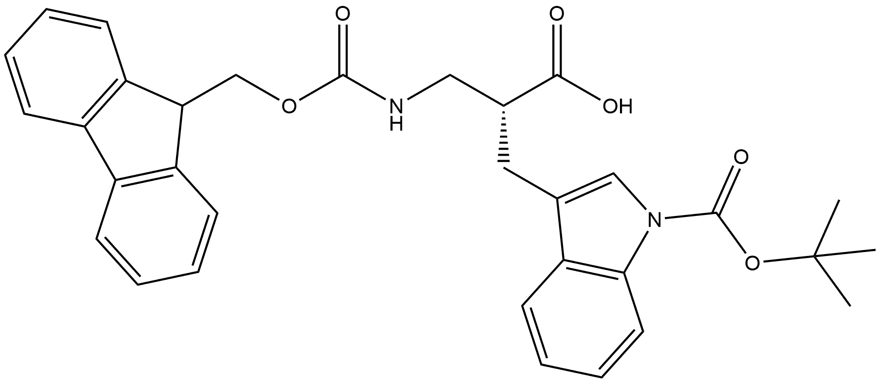 1H-Indole-3-propanoic acid, 1-[(1,1-dimethylethoxy)carbonyl]-α-[[[(9H-fluoren-9-ylmethoxy)carbonyl]amino]methyl]-, (αR)- Struktur