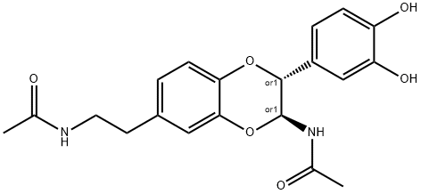 Acetamide, N-[2-[(2R,3S)-3-(acetylamino)-2-(3,4-dihydroxyphenyl)-2,3-dihydro-1,4-benzodioxin-6-yl]ethyl]-, rel- Struktur