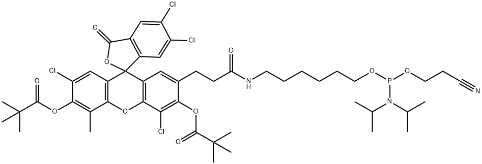 Propanoic acid, 2,2-dimethyl-, 1,1'-[2'-[12-[bis(1-methylethyl)amino]-15-cyano-3-oxo-11,13-dioxa-4-aza-12-phosphapentadec-1-yl]-4',5,6,7'-tetrachloro-5'-methyl-3-oxospiro[isobenzofuran-1(3H),9'-[9H]xanthene]-3',6'-diyl] ester Structure