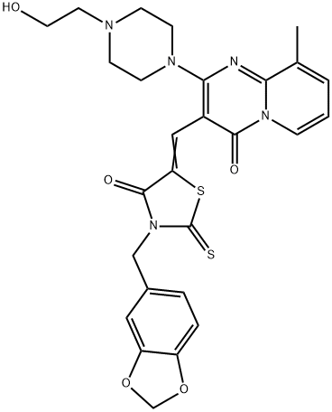 (5Z)-3-(1,3-benzodioxol-5-ylmethyl)-5-[[2-[4-(2-hydroxyethyl)piperazin-1-yl]-9-methyl-4-oxopyrido[1,2-a]pyrimidin-3-yl]methylidene]-2-sulfanylidene-1,3-thiazolidin-4-one Struktur