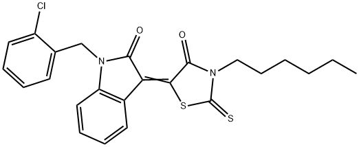 (5Z)-5-[1-[(2-chlorophenyl)methyl]-2-oxoindol-3-ylidene]-3-hexyl-2-sulfanylidene-1,3-thiazolidin-4-one Struktur