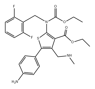 3-Thiophenecarboxylic acid, 5-(4-aminophenyl)-2-[[(2,6-difluorophenyl)methyl](ethoxycarbonyl)amino]-4-[(methylamino)methyl]-, ethyl ester Struktur