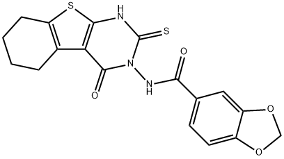 N-(4-oxo-2-sulfanylidene-5,6,7,8-tetrahydro-1H-[1]benzothiolo[2,3-d]pyrimidin-3-yl)-1,3-benzodioxole-5-carboxamide Struktur