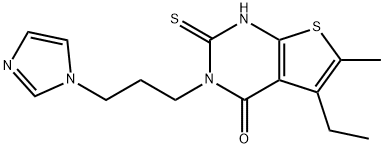 5-ethyl-3-(3-imidazol-1-ylpropyl)-6-methyl-2-sulfanylidene-1H-thieno[2,3-d]pyrimidin-4-one Struktur