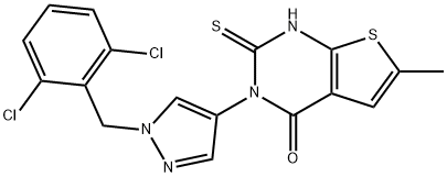 3-[1-[(2,6-dichlorophenyl)methyl]pyrazol-4-yl]-6-methyl-2-sulfanylidene-1H-thieno[2,3-d]pyrimidin-4-one Struktur