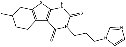 3-(3-imidazol-1-ylpropyl)-7-methyl-2-sulfanylidene-5,6,7,8-tetrahydro-1H-[1]benzothiolo[2,3-d]pyrimidin-4-one Struktur