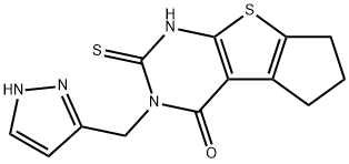 2-(1H-pyrazol-5-ylmethyl)-3-sulfanylidene-4,6,7,8-tetrahydrocyclopenta[2,3]thieno[2,4-b]pyrimidin-1-one Struktur