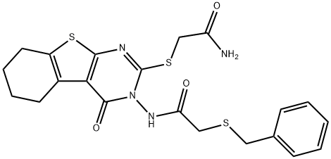 2-[[3-[(2-benzylsulfanylacetyl)amino]-4-oxo-5,6,7,8-tetrahydro-[1]benzothiolo[2,3-d]pyrimidin-2-yl]sulfanyl]acetamide Struktur