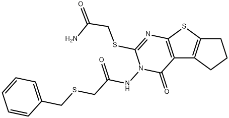 2-[[2-[(2-benzylsulfanylacetyl)amino]-1-oxo-7,8-dihydro-6H-cyclopenta[2,3]thieno[2,4-b]pyrimidin-3-yl]sulfanyl]acetamide Struktur