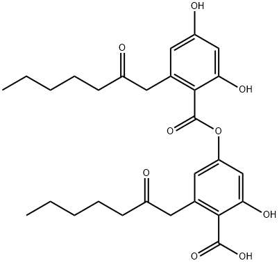 Benzoic acid, 2,4-dihydroxy-6-(2-oxoheptyl)-, 4-carboxy-3-hydroxy-5-(2-oxoheptyl)phenyl ester Struktur