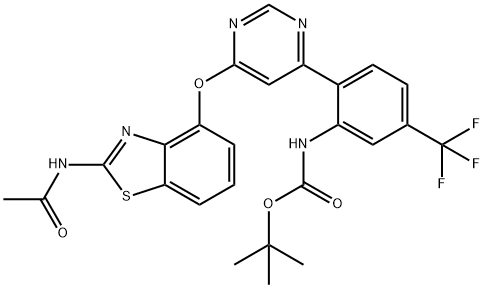 Carbamic acid, N-[2-[6-[[2-(acetylamino)-4-benzothiazolyl]oxy]-4-pyrimidinyl]-5-(trifluoromethyl)phenyl]-, 1,1-dimethylethyl ester Struktur