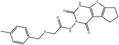 2-[(4-methylphenyl)methylsulfanyl]-N-(1-oxo-3-sulfanylidene-4,6,7,8-tetrahydrocyclopenta[2,3]thieno[2,4-b]pyrimidin-2-yl)acetamide Struktur