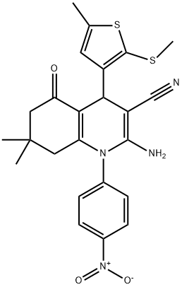 3-Quinolinecarbonitrile, 2-amino-1,4,5,6,7,8-hexahydro-7,7-dimethyl-4-[5-methyl-2-(methylthio)-3-thienyl]-1-(4-nitrophenyl)-5-oxo- Struktur