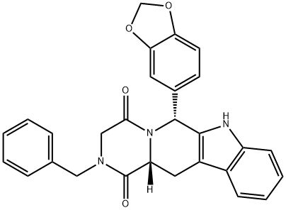 Pyrazino[1',2':1,6]pyrido[3,4-b]indole-1,4-dione, 6-(1,3-benzodioxol-5-yl)-2,3,6,7,12,12a-hexahydro-2-(phenylmethyl)-, (6R,12aR)- Struktur