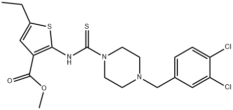 methyl 2-(4-(3,4-dichlorobenzyl)piperazine-1-carbothioamido)-5-ethylthiophene-3-carboxylate Struktur