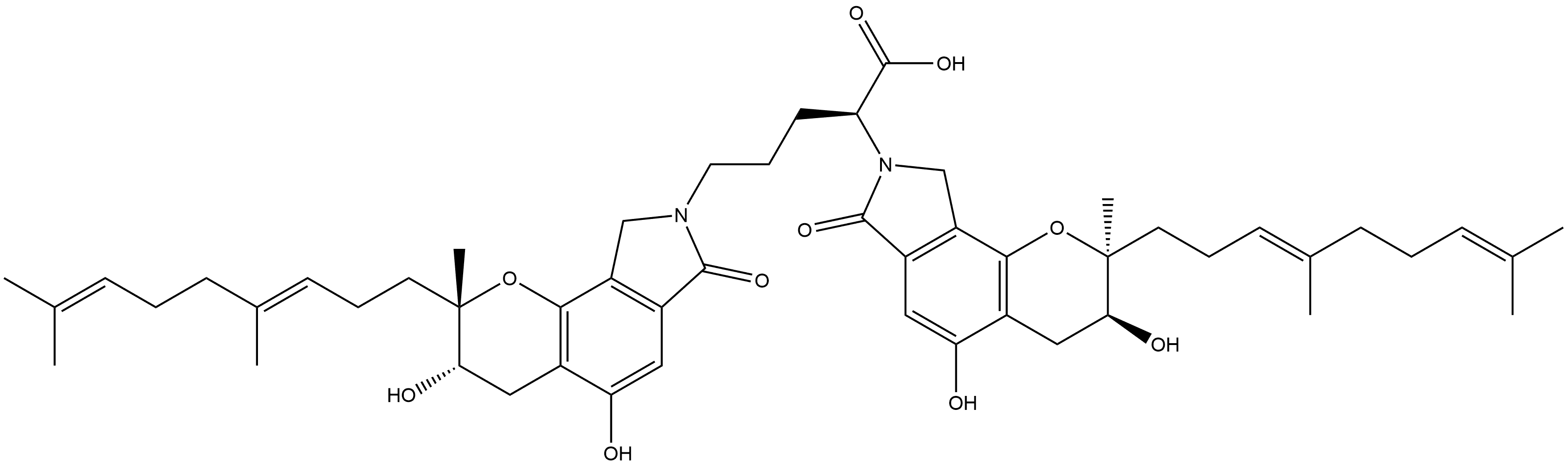 Pyrano[2,3-e]isoindole-8(2H)-pentanoic acid, 2-[(3E)-4,8-dimethyl-3,7-nonadien-1-yl]-α-[(2S,3S)-2-[(3E)-4,8-dimethyl-3,7-nonadien-1-yl]-3,4,7,9-tetrahydro-3,5-dihydroxy-2-methyl-7-oxopyrano[2,3-e]isoindol-8(2H)-yl]-3,4,7,9-tetrahydro-3,5-dihydroxy-2-methyl-7-oxo-, (αS,2S,3S)- Struktur