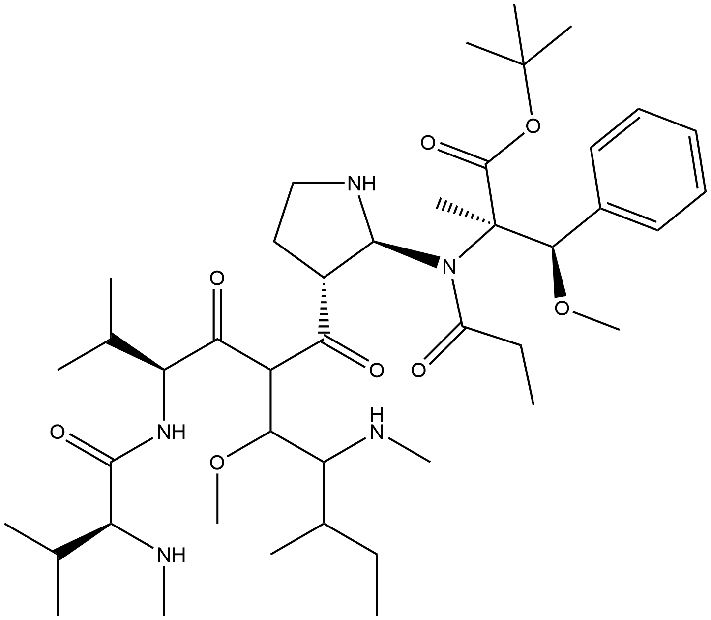 L-Phenylalanine, N-methyl-L-valyl-L-valyl-(3R,4S,5S)-3-methoxy-5-methyl-4-(methylamino)heptanoyl-(αR,βR,2S)-β-methoxy-α-methyl-2-pyrrolidinepropanoyl-, 1,1-dimethylethyl ester Struktur