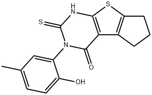 2-(2-hydroxy-5-methylphenyl)-3-sulfanylidene-4,6,7,8-tetrahydrocyclopenta[2,3]thieno[2,4-b]pyrimidin-1-one Struktur