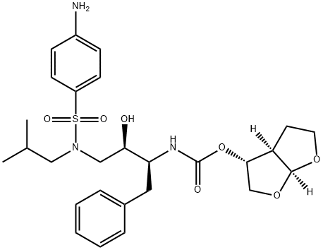 Carbamic acid, N-[(1S,2R)-3-[[(4-aminophenyl)sulfonyl](2-methylpropyl)amino]-2-hydroxy-1-(phenylmethyl)propyl]-, (3R,3aR,6aS)-hexahydrofuro[2,3-b]furan-3-yl ester Struktur