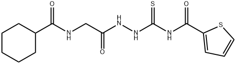 N-[(2-{[(cyclohexylcarbonyl)amino]acetyl}hydrazino)carbonothioyl]-2-thiophenecarboxamide (non-preferred name) Struktur