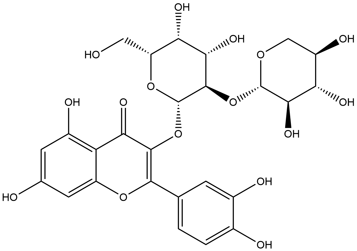 4H-1-Benzopyran-4-one, 2-(3,4-dihydroxyphenyl)-5,7-dihydroxy-3-[(2-O-β-D-xylopyranosyl-β-D-galactopyranosyl)oxy]- Struktur