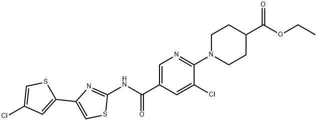 4-Piperidinecarboxylic acid, 1-[3-chloro-5-[[[4-(4-chloro-2-thienyl)-2-thiazolyl]amino]carbonyl]-2-pyridinyl]-, ethyl ester Struktur