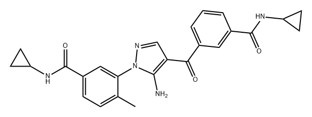 Benzamide, 3-[5-amino-4-[3-[(cyclopropylamino)carbonyl]benzoyl]-1H-pyrazol-1-yl]-N-cyclopropyl-4-methyl- Struktur