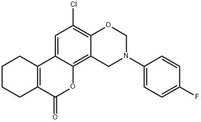 12-chloro-3-(4-fluorophenyl)-2,4,7,8,9,10-hexahydroisochromeno[3,4-f][1,3]benzoxazin-6-one Struktur