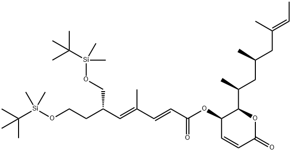 2,4-Octadienoic acid, 8-[[(1,1-dimethylethyl)dimethylsilyl]oxy]-6-[[[(1,1-dimethylethyl)dimethylsilyl]oxy]methyl]-4-methyl-, (2R,3R)-3,6-dihydro-6-oxo-2-[(1S,3R,5E)-1,3,5-trimethyl-5-hepten-1-yl]-2H-pyran-3-yl ester, (2E,4E,6S)- Struktur