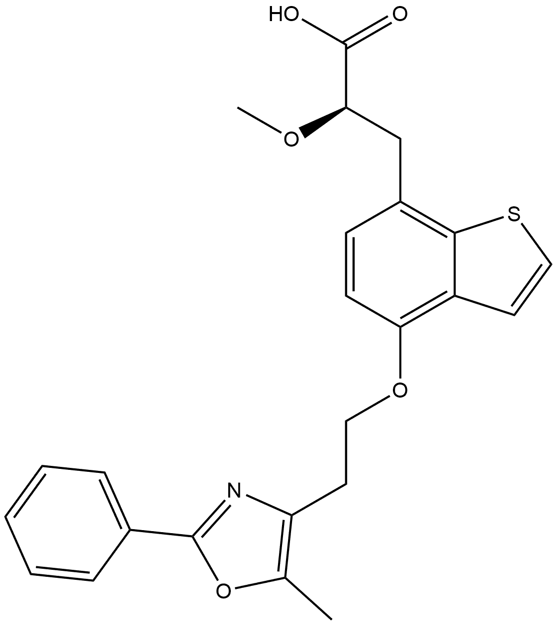 Benzo[b]thiophene-7-propanoic acid, α-methoxy-4-[2-(5-methyl-2-phenyl-4-oxazolyl)ethoxy]-, (αR)- Struktur