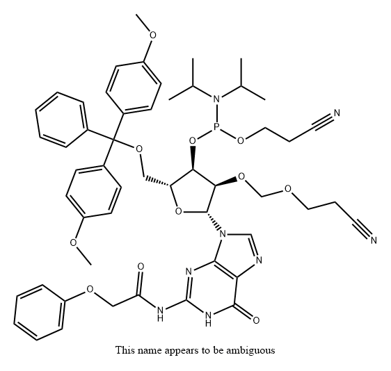 Guanosine, 5'-O-[bis(4-methoxyphenyl)phenylmethyl]-2'-O-[(2-cyanoethoxy)methyl]-N-(2-phenoxyacetyl)-, 3'-[2-cyanoethyl N,N-bis(1-methylethyl)phosphoramidite] Struktur