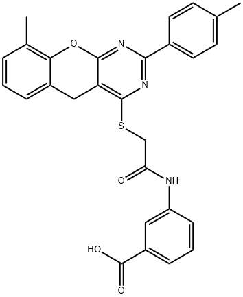 Benzoic acid, 3-[[2-[[9-methyl-2-(4-methylphenyl)-5H-[1]benzopyrano[2,3-d]pyrimidin-4-yl]thio]acetyl]amino]- Struktur