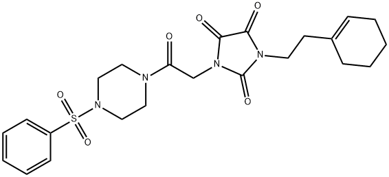 2,4,5-Imidazolidinetrione, 1-[2-(1-cyclohexen-1-yl)ethyl]-3-[2-oxo-2-[4-(phenylsulfonyl)-1-piperazinyl]ethyl]- Struktur