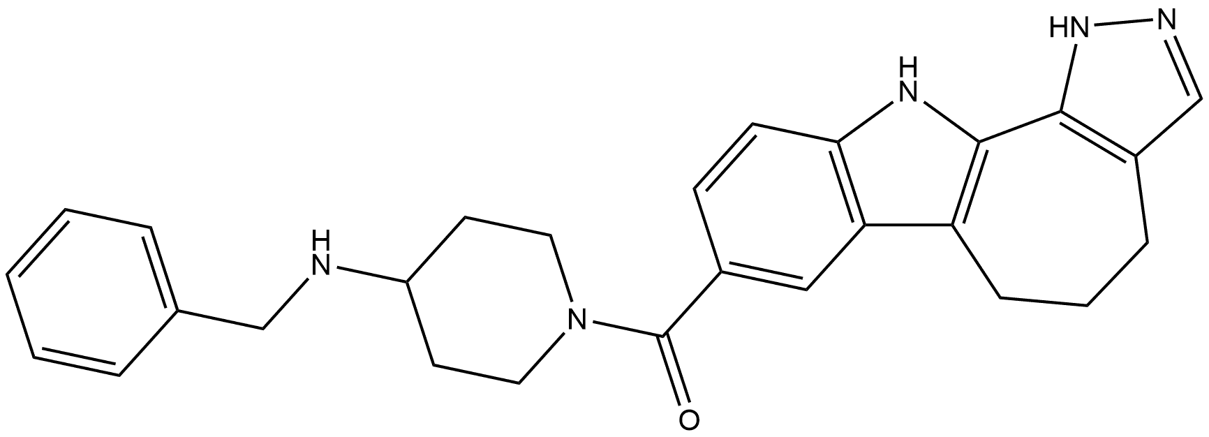 (4-(benzylamino)piperidin-1-yl)(4,5,6,11-tetrahydro-1H-pyrazolo[4',3':6,7]cyclohepta[1,2-b]indol-8-yl)methanone Struktur