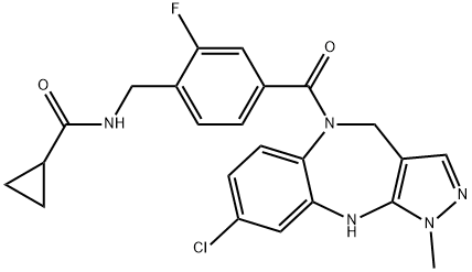 Cyclopropanecarboxamide, N-[[4-[(8-chloro-4,10-dihydro-1-methylpyrazolo[3,4-b][1,5]benzodiazepin-5(1H)-yl)carbonyl]-2-fluorophenyl]methyl]- Struktur