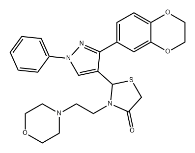 4-Thiazolidinone, 2-[3-(2,3-dihydro-1,4-benzodioxin-6-yl)-1-phenyl-1H-pyrazol-4-yl]-3-[2-(4-morpholinyl)ethyl]- Struktur