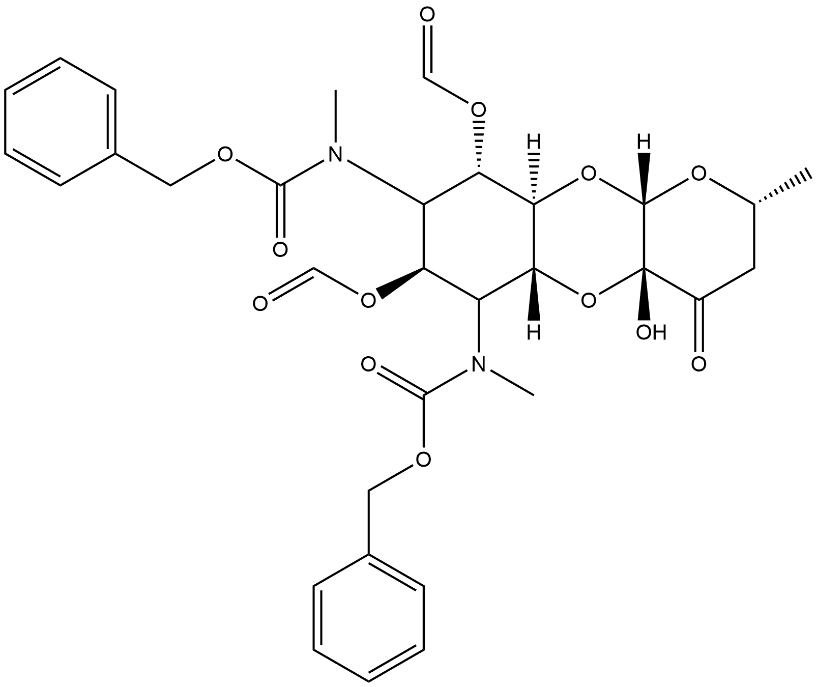 Carbamic acid, [7,9-bis(formyloxy)decahydro-4a-hydroxy-2-methyl-4-oxo-2H-pyrano[2,3-b][1,4]benzodioxin-6,8-diyl]bis[methyl-, bis(phenylmethyl) ester, [2R-(2α,4aβ,5aβ,6β,7β,8β,9α,9aα,10aβ)]- (9CI)