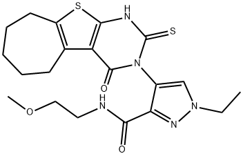 1-ethyl-N-(2-methoxyethyl)-4-(4-oxo-2-sulfanylidene-1,5,6,7,8,9-hexahydrocyclohepta[2,3]thieno[2,4-b]pyrimidin-3-yl)pyrazole-3-carboxamide Struktur