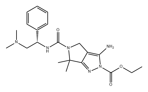 Pyrrolo[3,4-c]pyrazole-2(4H)-carboxylic acid, 3-amino-5-[[[(1S)-2-(dimethylamino)-1-phenylethyl]amino]carbonyl]-5,6-dihydro-6,6-dimethyl-, ethyl ester Struktur