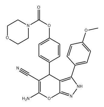 4-Morpholinecarboxylic acid, 4-[6-amino-5-cyano-2,4-dihydro-3-(4-methoxyphenyl)pyrano[2,3-c]pyrazol-4-yl]phenyl ester Struktur