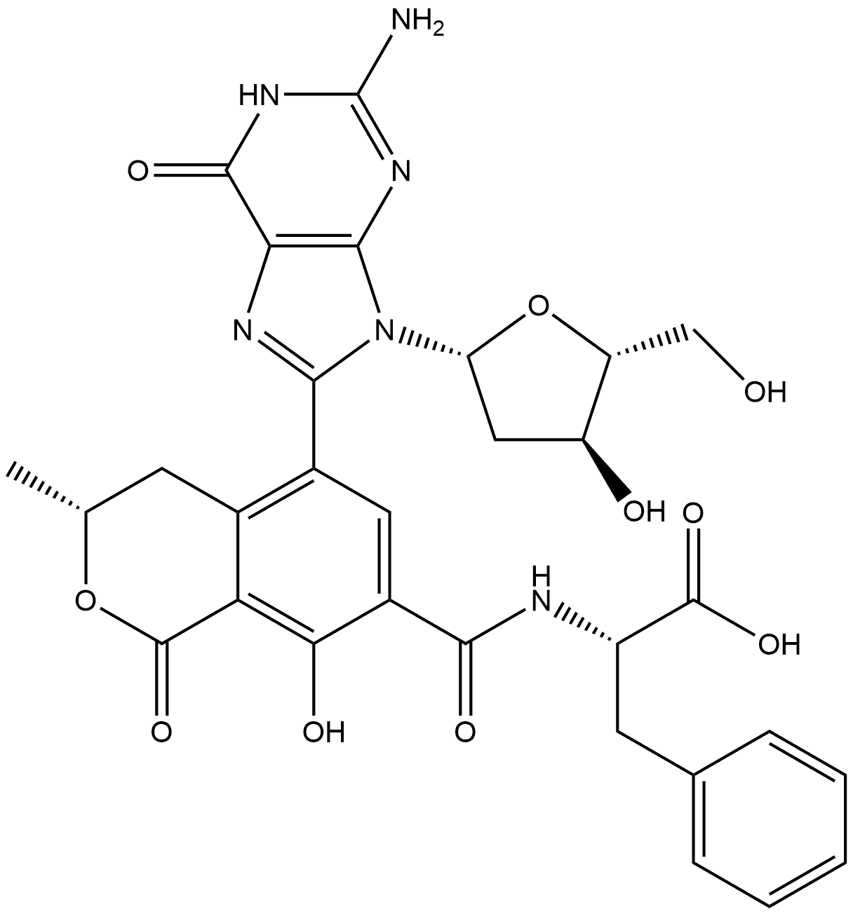 N-[[(3R)-5-[2-Amino-9-(2-deoxy-β-D-erythro-pentofuranosyl)-6,9-dihydro-6-oxo-1H-purin-8-yl]-3,4-dihydro-8-hydroxy-3-methyl-1-oxo-1H-2-benzopyran-7-yl]carbonyl]-L-phenylalanine Struktur