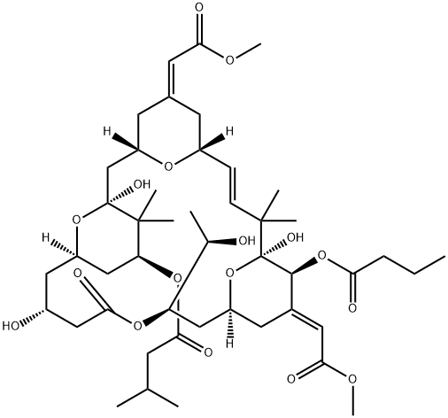 Butanoic acid, 3-methyl-, (1S,3S,5Z,7R,8E,11S,12S,13E,15S,17R,21R,23R,25S)-1,11,21-trihydroxy-17-(1R)-1-hydroxyethyl-5,13-bis(2-methoxy-2-oxoethylidene)-10,10,26,26-tetramethyl-19-oxo-12-(1-oxobutoxy)-18,27,28,29-tetraoxatetracyclo21.3.1.13,7.111,15nonaco Struktur